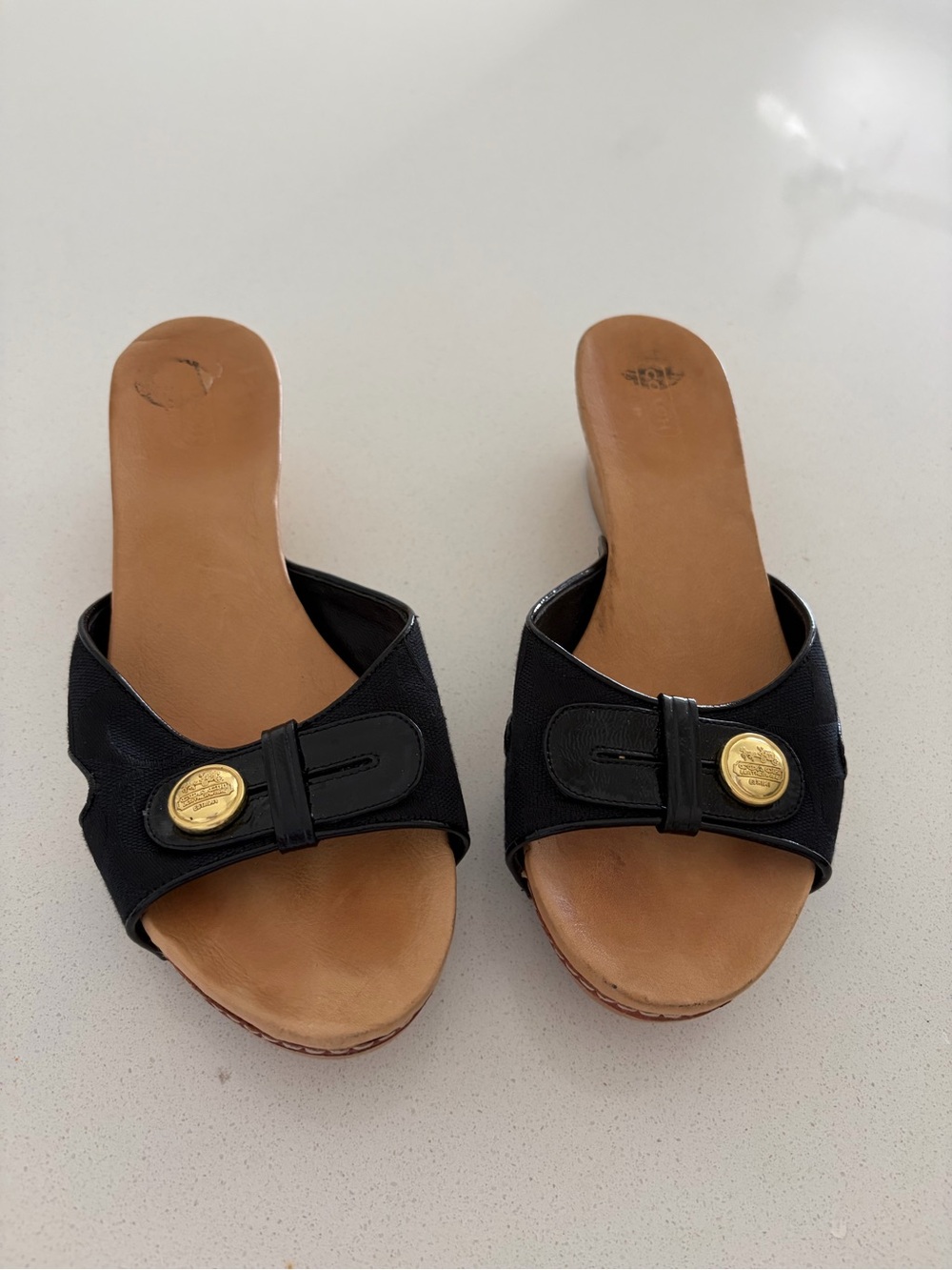 Coach Lee Black logo embossed Leather & Canvas Slide Mules w/ Gold Coach Button